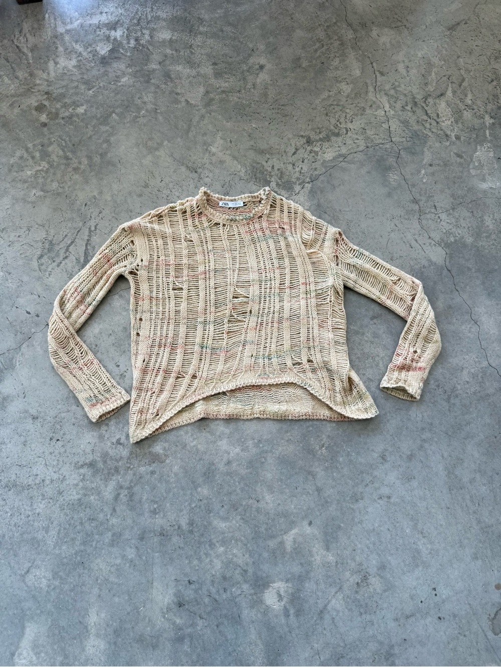 Zara Cream Open-Knit Scoop Crewneck Sweater with Subtle Multicolor Flecks
